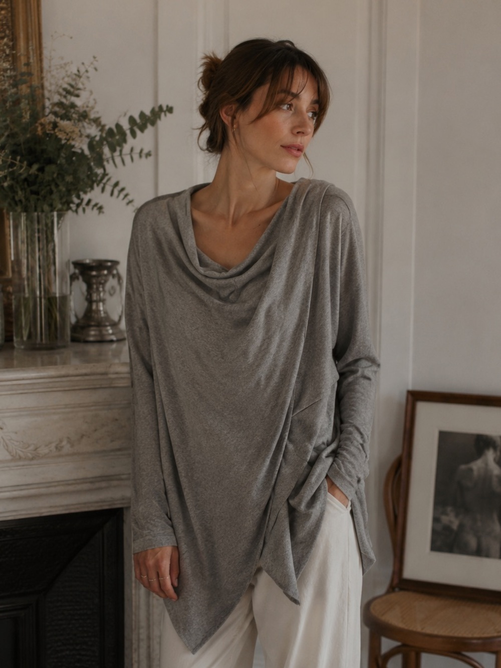 All Saints Shrug Grey Cotton Drape Tunic Top US 10 Minimalist Lagenlook Boho